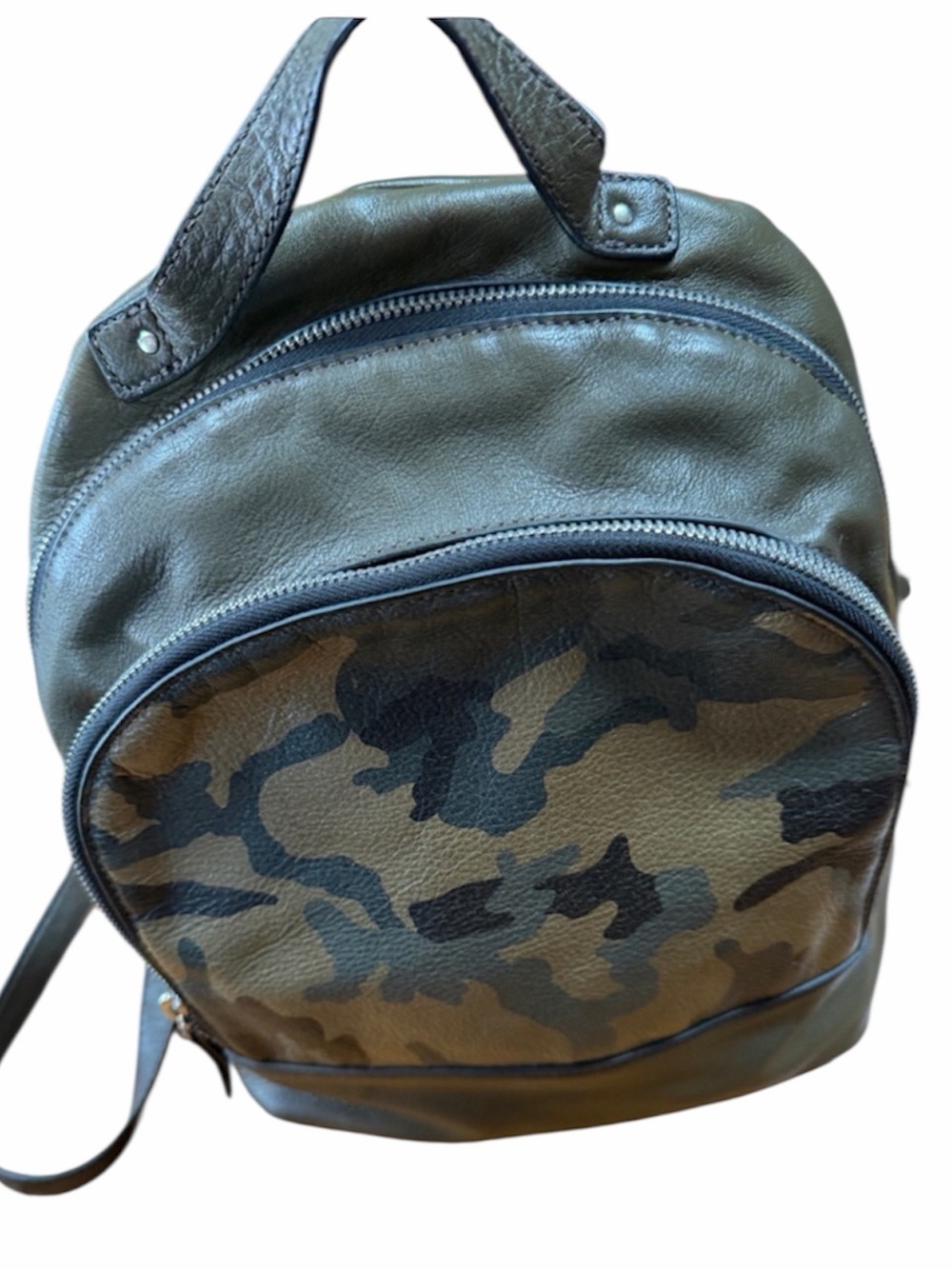 Margot soft green leather backpack style bag with camo print on front flap.